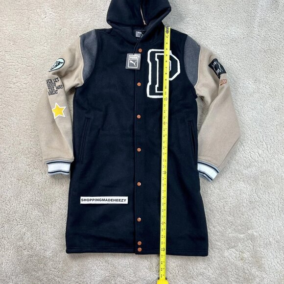 PUMA SIGNATURE Varsity P Patch Long JACKET Snap Button Wool Blend Coat Black - Picture 8 of 13